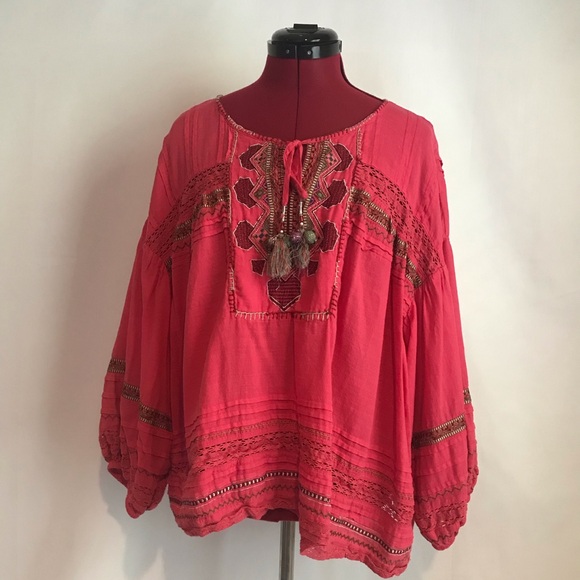 Sundance Tops - Sundance Coral Red Embroidered Boho Blouse
